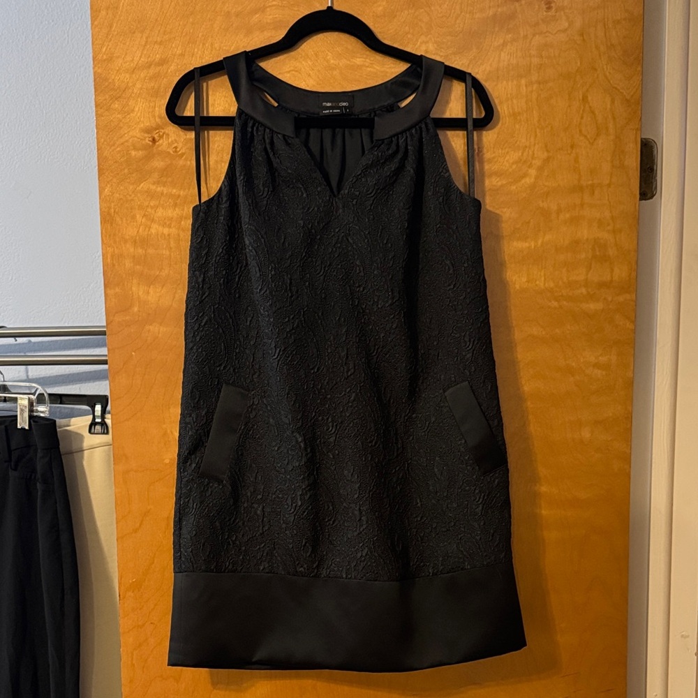 Max & Cleo Black Textured Mini Dress with Satin Trim • Chic LBD with Pockets